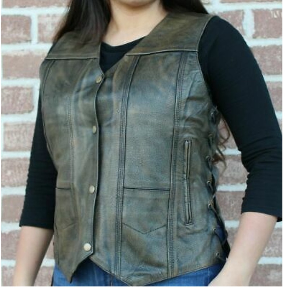 Ladies 10 Pocket Distressed Brown Laces Motorcycle Concealed carry Leather Vest
